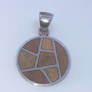 Vtg Sterling Silver & Wood Wooden Segmented Inlay Pendant 1.1”